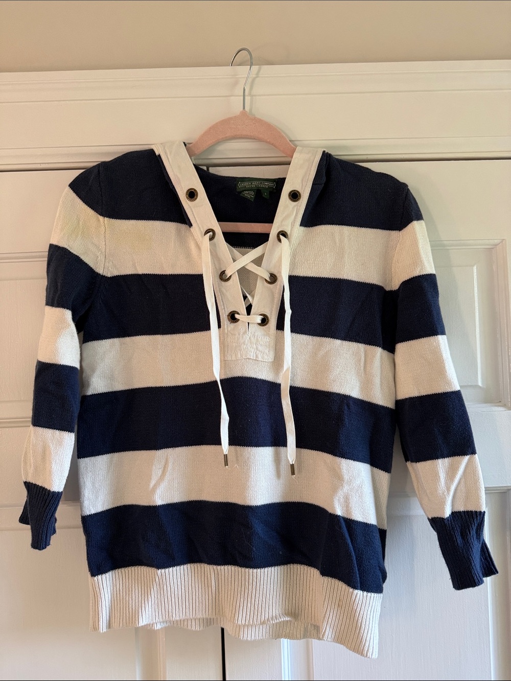 Lauren Jeans Company Navy and White Striped Lace-Up Hooded Sweater